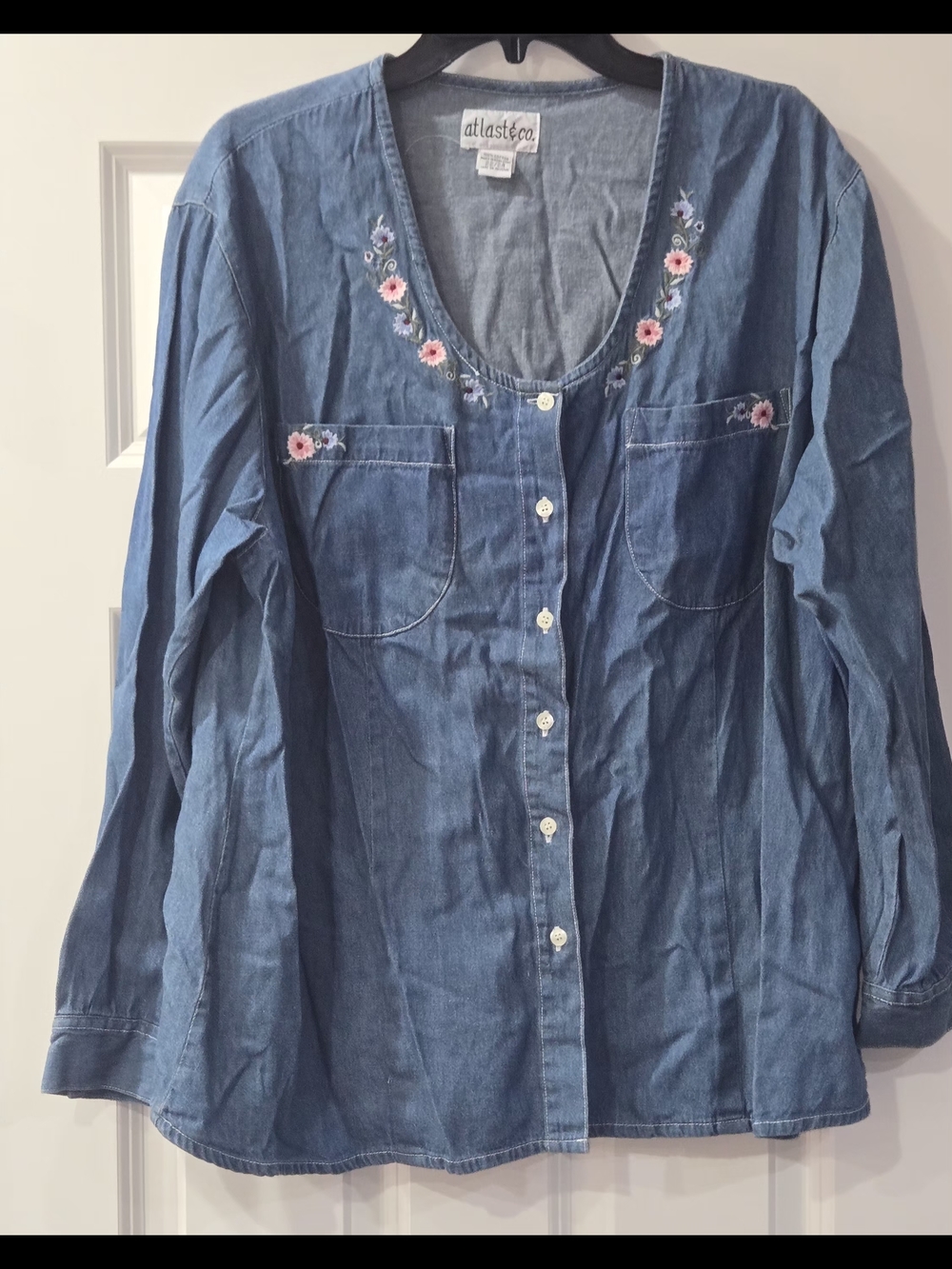 Atlast & Co Vintage Denim Blue Embroidered Button-Up Top